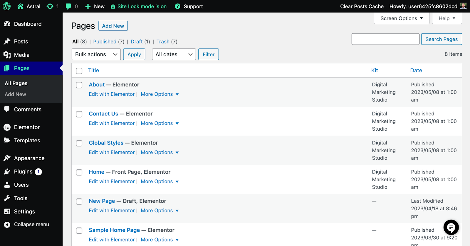 A List Of Pages In The Wordpress Dashboard