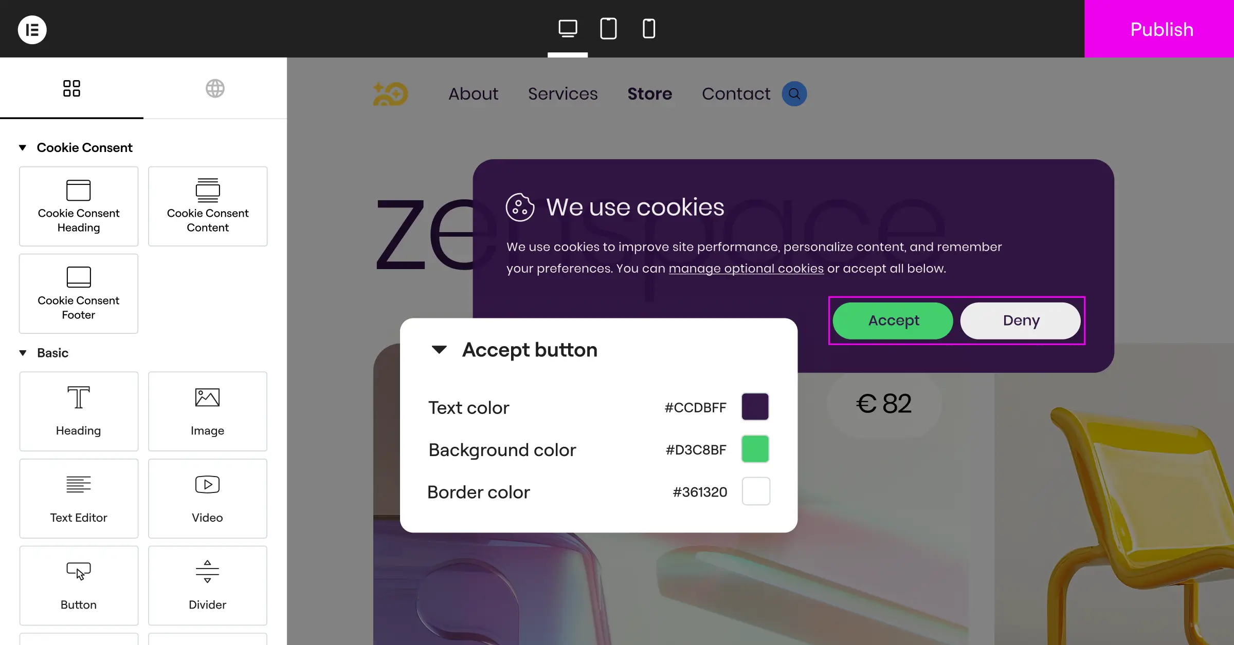 Designing a cookie consent banner with Elementor's visual tools
