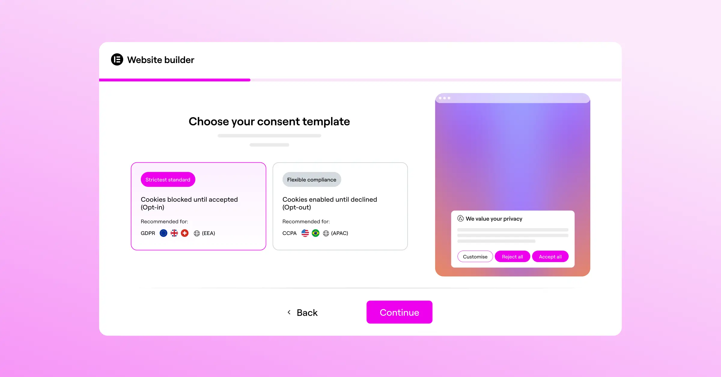 Two different cookie consent banner template designs showing customization options