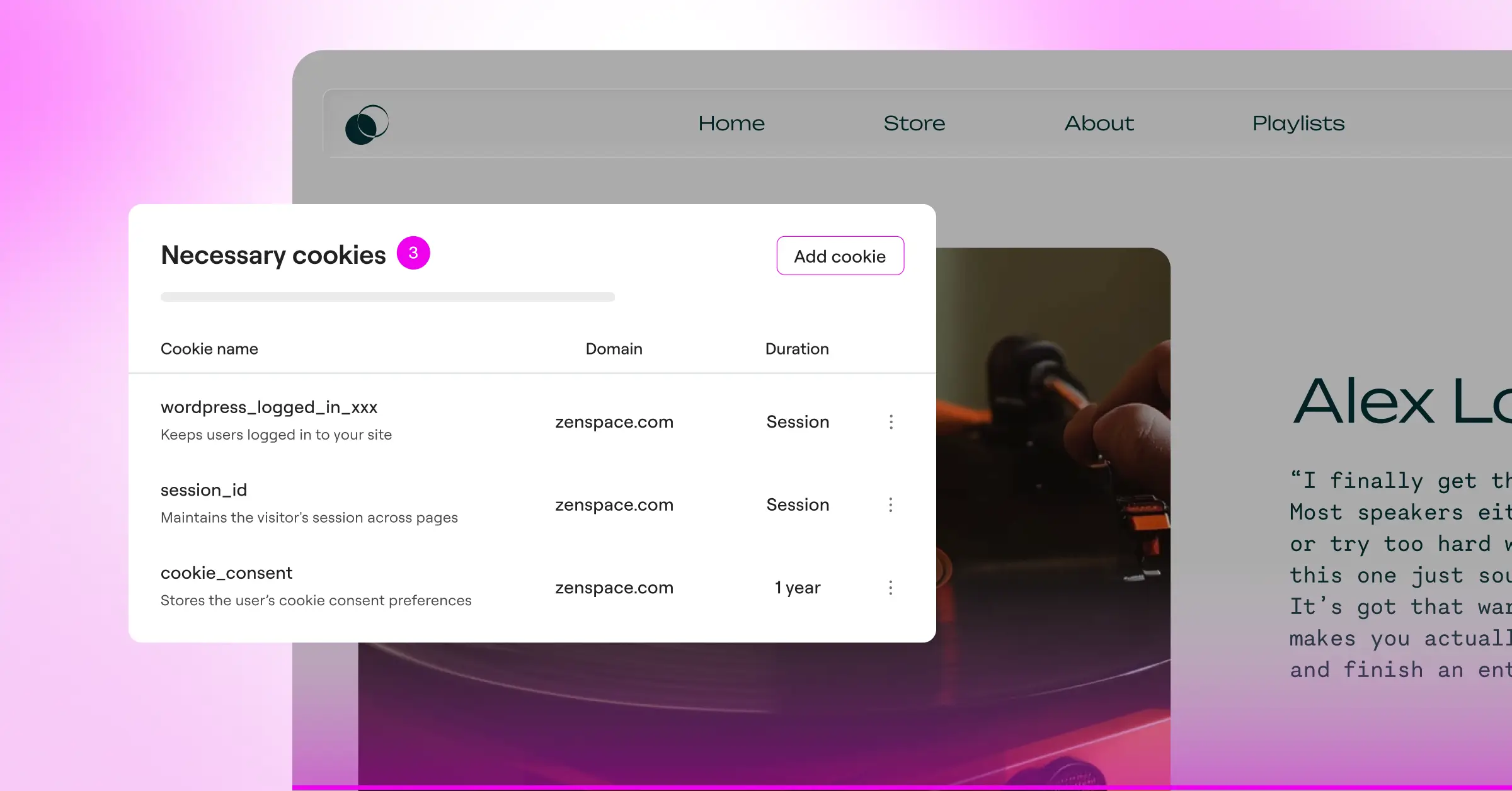 Cookie scan results showing cookies automatically sorted into compliance categories