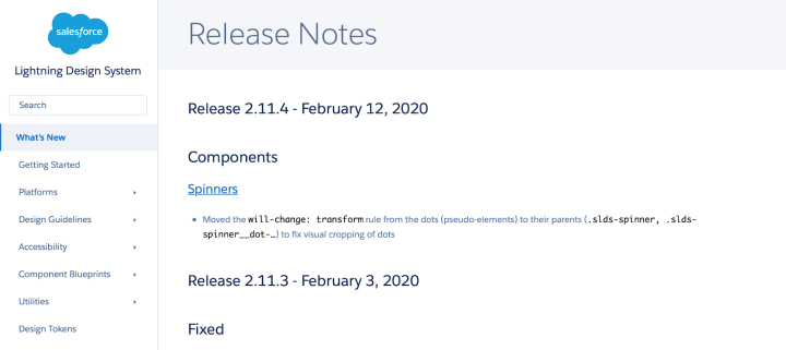 Salesforce design system’s what’s new page Salesforce design system's what's new page