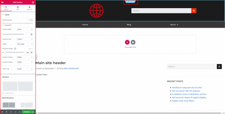 A Screenshot Of Header Customization With Elementor - Additional Features