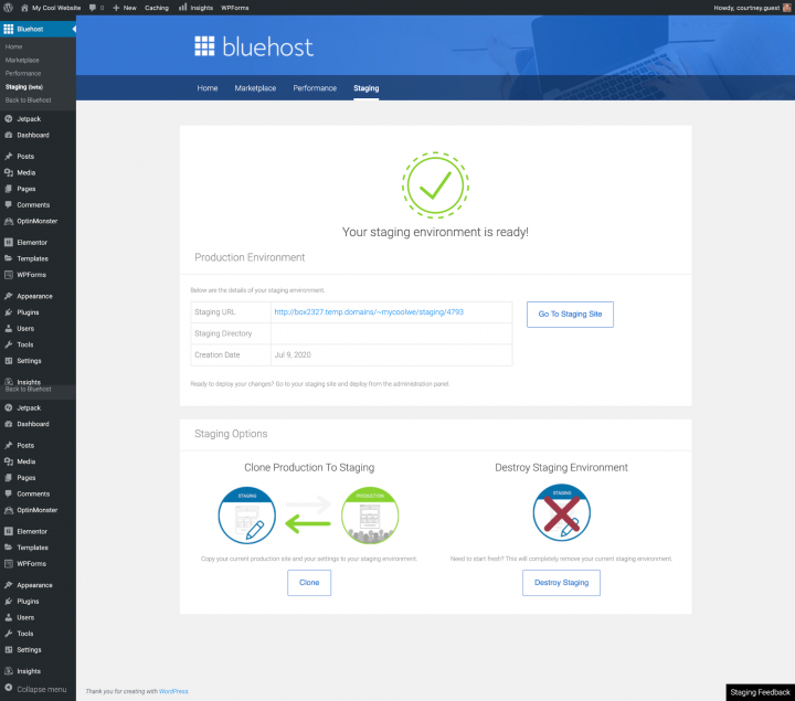 A Screenshot Of Bluehost'S Staging Environment