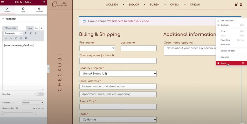Customize Woocommerce Checkout Elementor 1 Delete Checkout Shortcode 1 How To Customize The Woocommerce Checkout Page With Elementor Customize Woocommerce Checkout Elementor 1 Delete Checkout Shortcode 1 How To Customize The Woocommerce Checkout Page With Elementor 1