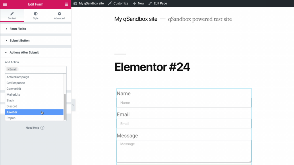 Elementor Actions After Submit Screenshot Introducing The New Aweber Email Marketing Integration For Elementor 3