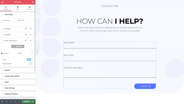a screenshot of elementor's form builder