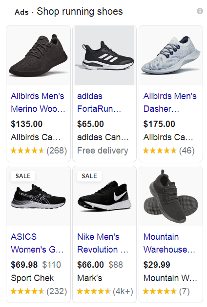 Google Shopping Product Listing For Running Shoes