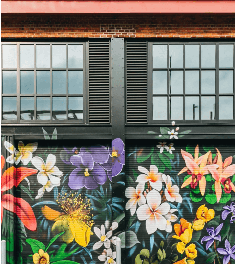 Side of a house with windows and flowers drawn on the walls