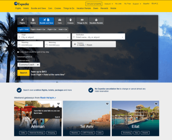 a screenshot of the expedia website.