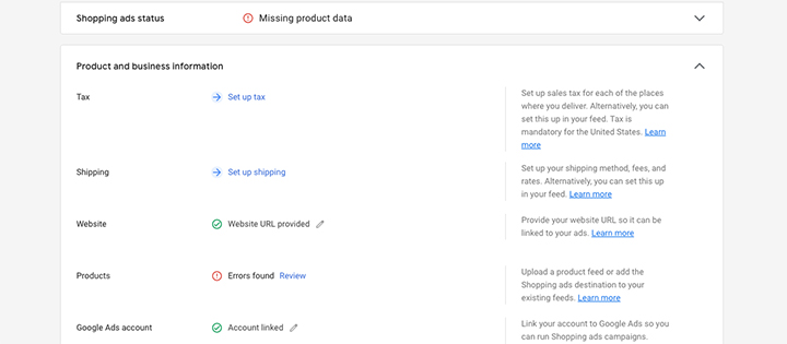 Inputting company and product details into Google Merchant Center