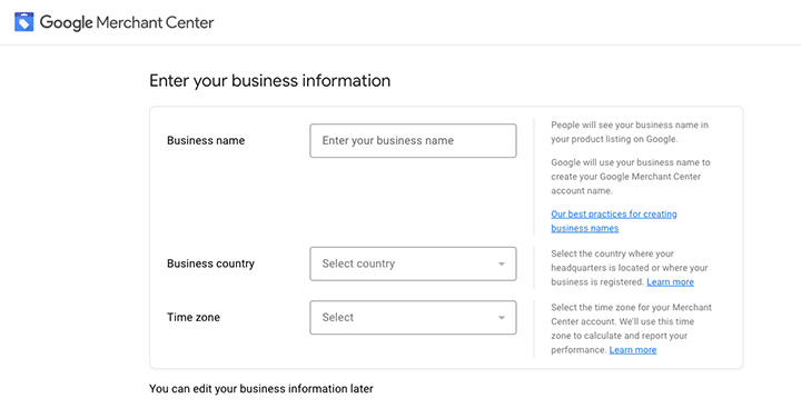 Entering business information in Google Merchant Center