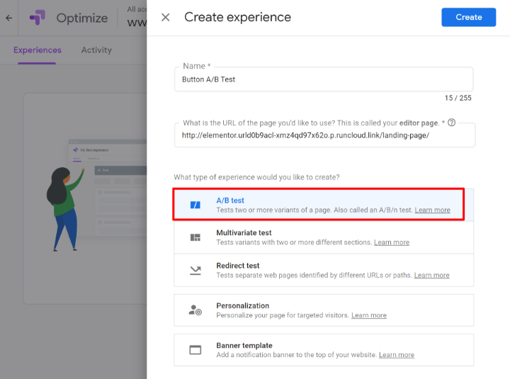 create-google-optimize-experience-2-ab-test