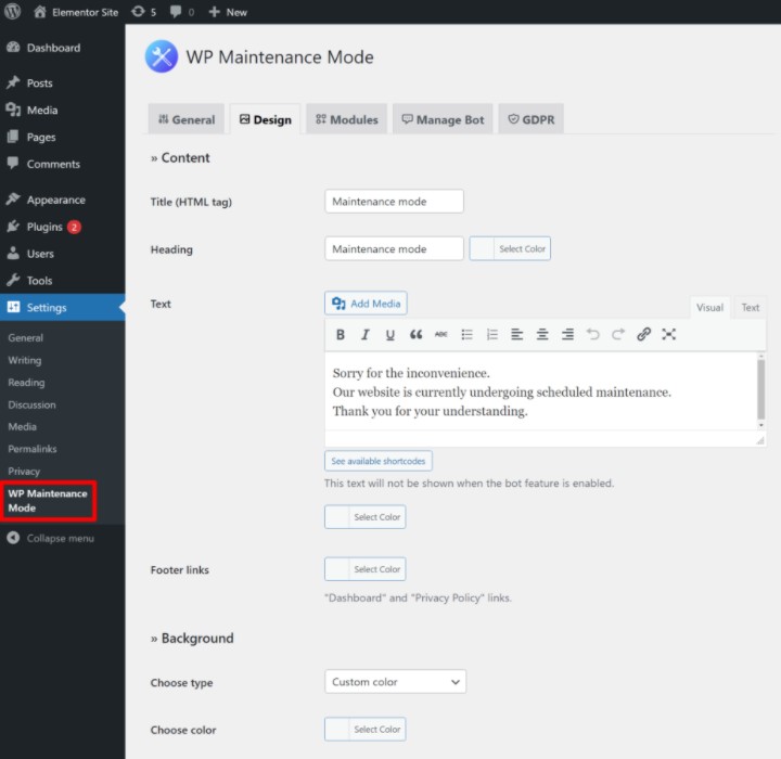Wp Maintenance Mode Plugin 1 Control Design How To Put A Wordpress Site In Maintenance Mode (3 Methods) 2