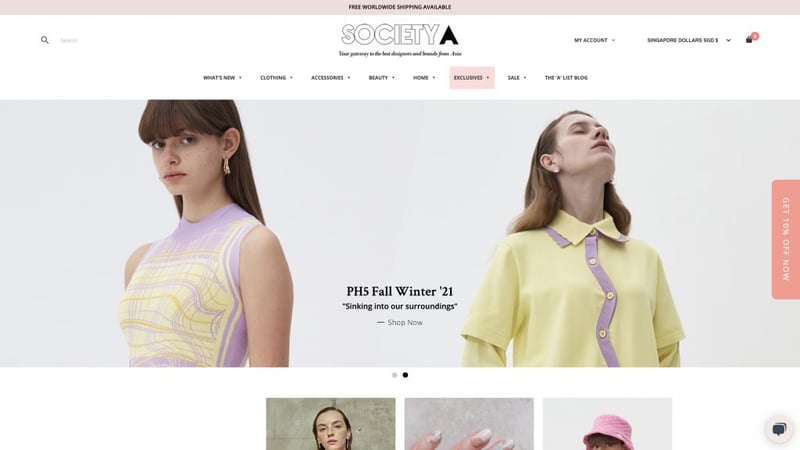 Society A uses popups, clear navigation, contrasting colors, and an eye-catching shopping basket to encourage sales