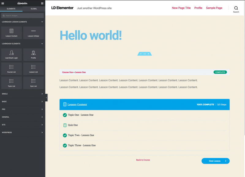 Elementor And Learndash 3 Lesson Elements Introducing Learndash And Elementor Integration A Preview Of The Learndash Lesson Template In Elementor