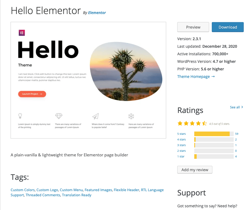 elementor hello theme