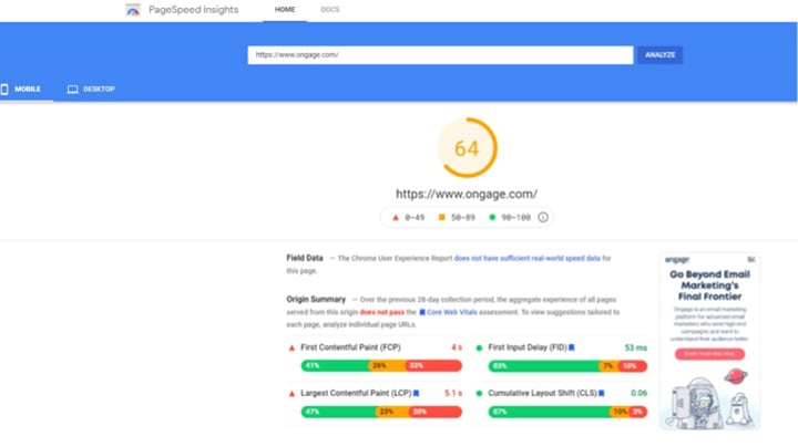 Performance of Ongage Mobile website after speed enhancement 