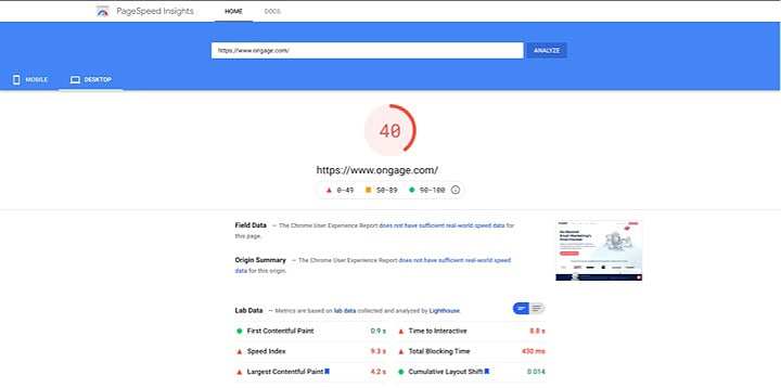 Performance of Ongage Desktop website before speed enhancement