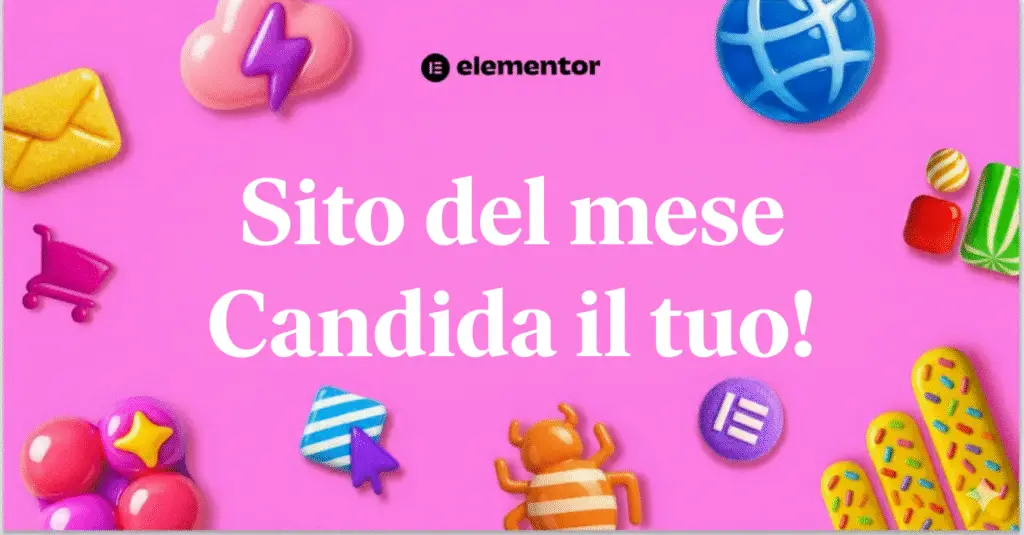 Immagine puramente decorativa Titolo in colore bianco su sfondo fucsia: Sito del mese. Candida il tuo
