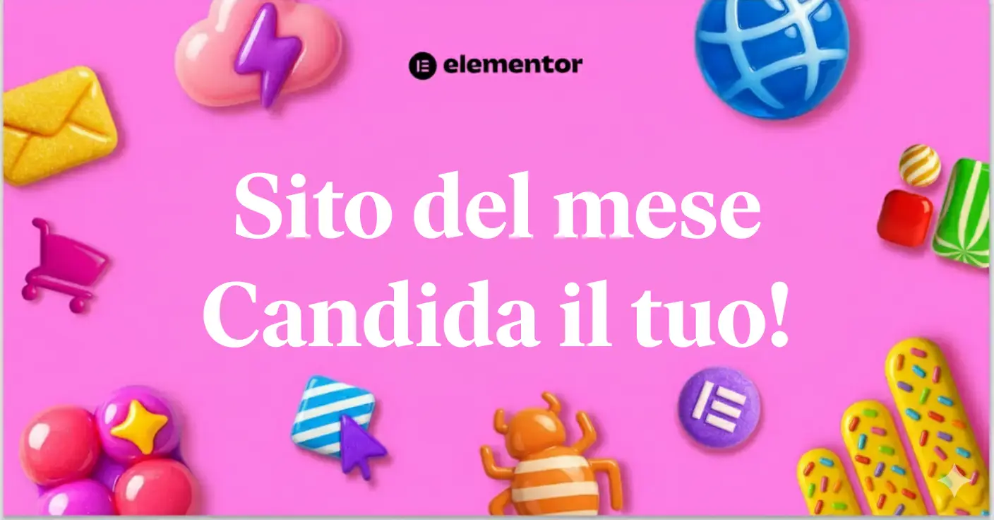 Immagine puramente decorativa Titolo in colore bianco su sfondo fucsia: Sito del mese. Candida il tuo