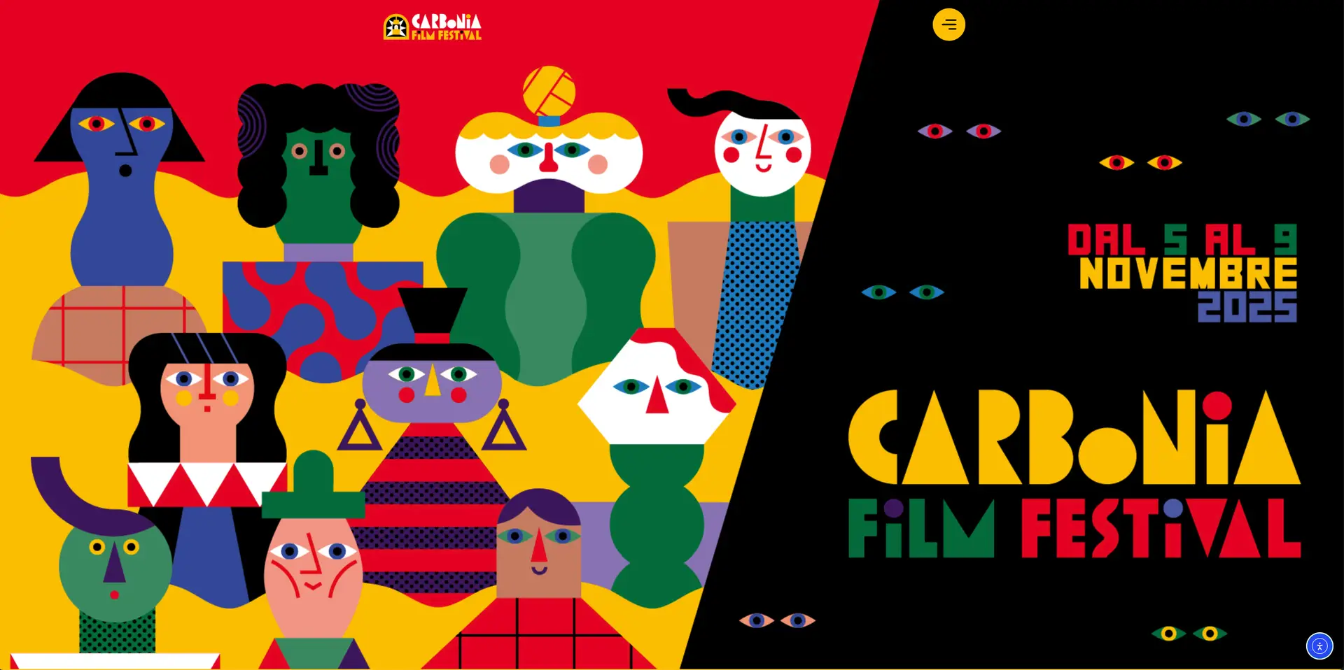 immagine decorativa. Homepage del sito del Carbonia Film Festival, con figure stilizzate in modo geometrico molto colorate e a fianco titolo e date del Festival 2025