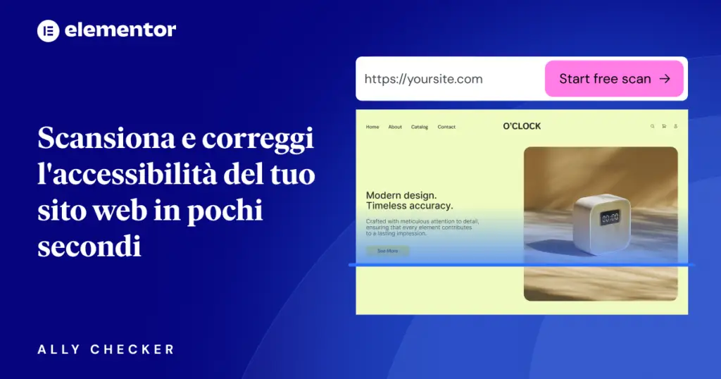 Immagine copertina, titolo: Scansiona e correggi l'accessibilità del tuo sito web in pochi secondi, su sfondo blu. A fianco la foto di un campo dove digitare l'URL e sotto la home page di un sito