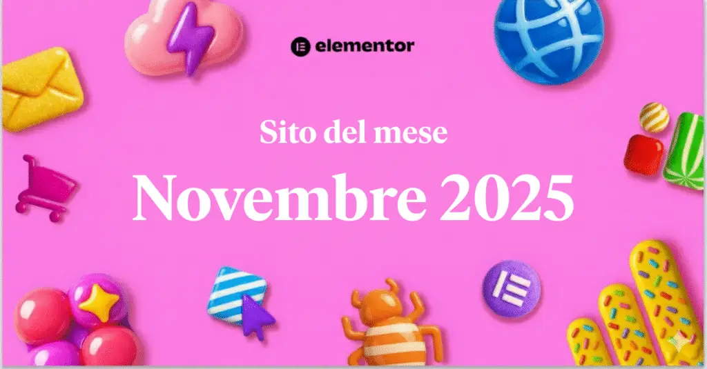 Immagine decorativa. Titolo: Sito del mese novembre 2025, su sfondo rosa intenso. Con elementi decorativi sullo sfondo
