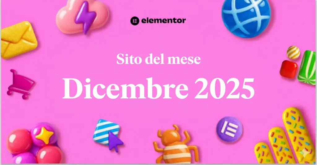 Immagine decorativa. Titolo: Sito del mese dicembre 2025, su sfondo rosa intenso. Con elementi decorativi sullo sfondo