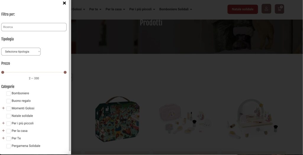 screenshot del menu filtro dei prodotti
