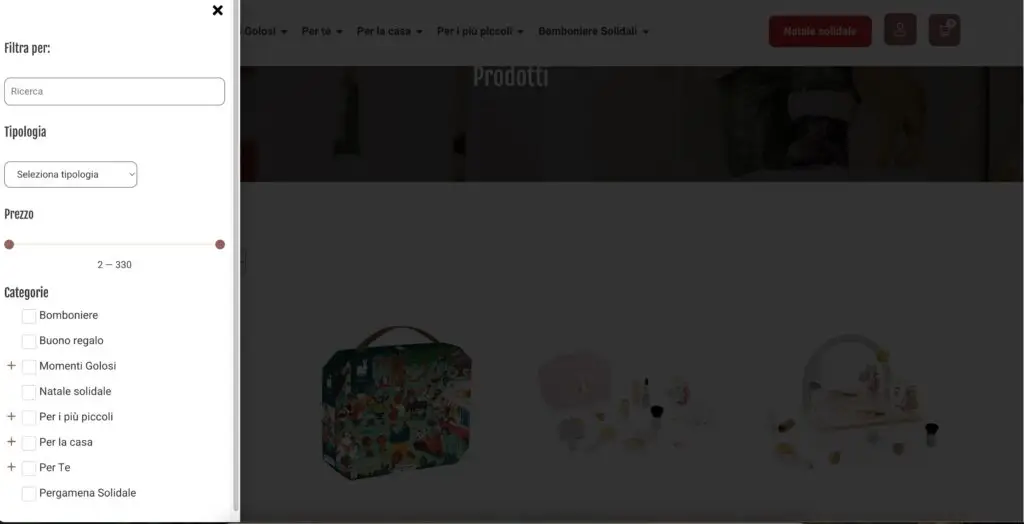 screenshot del menu filtro dei prodotti
