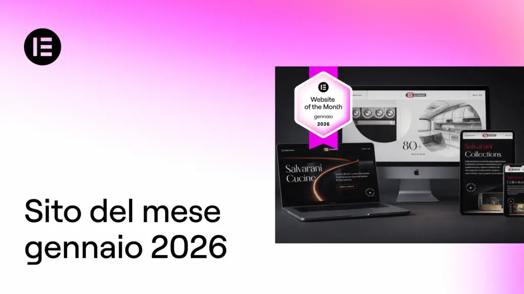 [immagine copertina] Su sfondo rosa sfumato, il logo di elementor in nero in alto a sinistra, il titolo "Sito del mese di gennaio in basso a sinistra, mokup del sito Salvarani sulla destra