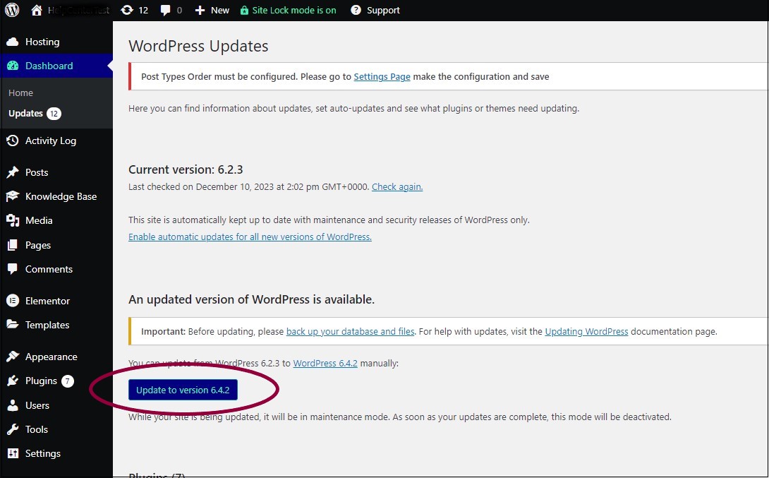 3 Click Update to version Update WordPress and WordPress plugins 5