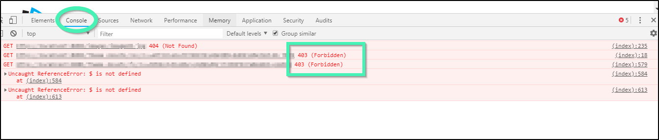 Browser Console HTTP Status Codes - Chrome Developer Tools console tab highlighting HTTP 403 Forbidden and 500 Internal Server Error logs