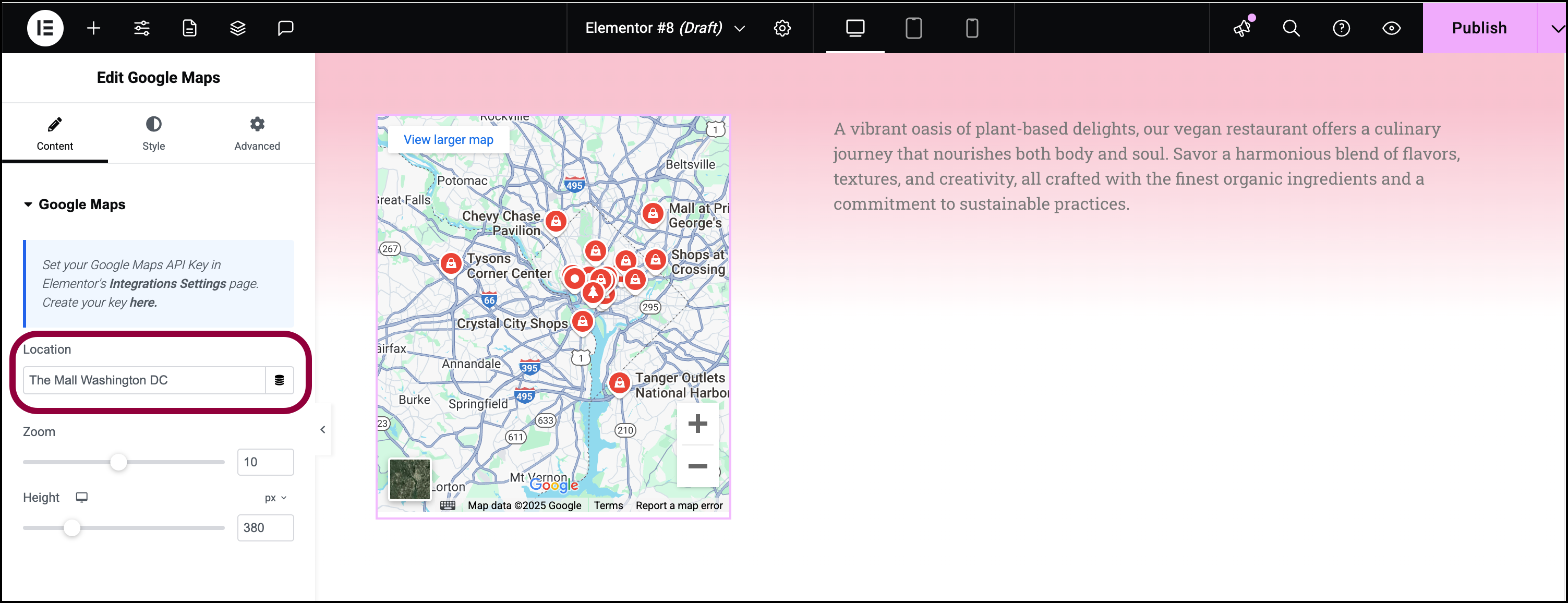 Add the desired location to the Loaction Text field Google Maps widget 13