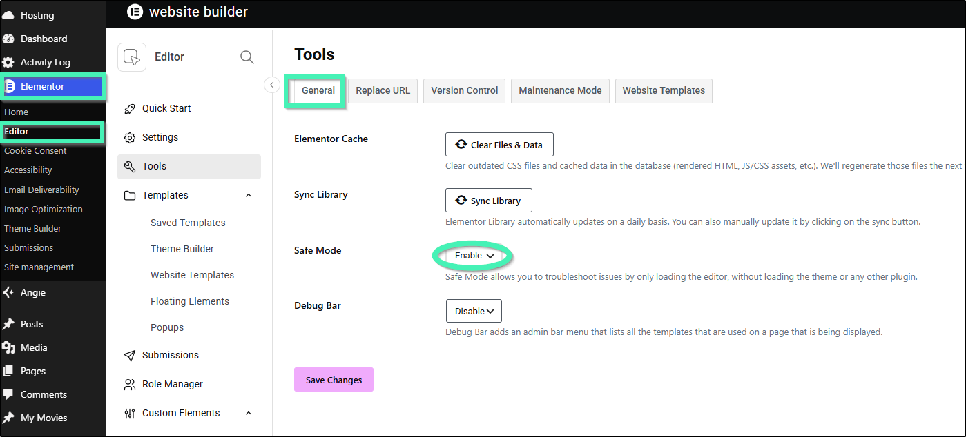 Elementor Safe Mode Setting - WordPress admin dashboard display showing Elementor Tools General tab with Safe Mode dropdown toggle set to Enable