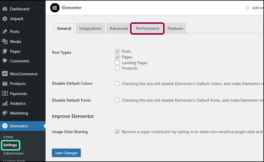 Go to Settings Performance Migrate non-Elementor content to your Elementor Hosting website 8