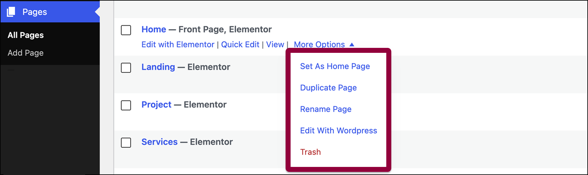 Improved Page Actions Layout drop down menu display