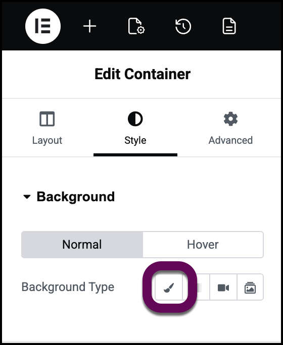 The Elementor Style tab highlighting the Background section with the Classic paintbrush icon selected and the image upload placeholder
