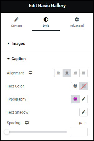 Style tab Caption Basic Gallery widget 169