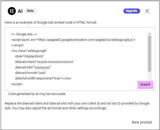 The generated code HTML widget 15