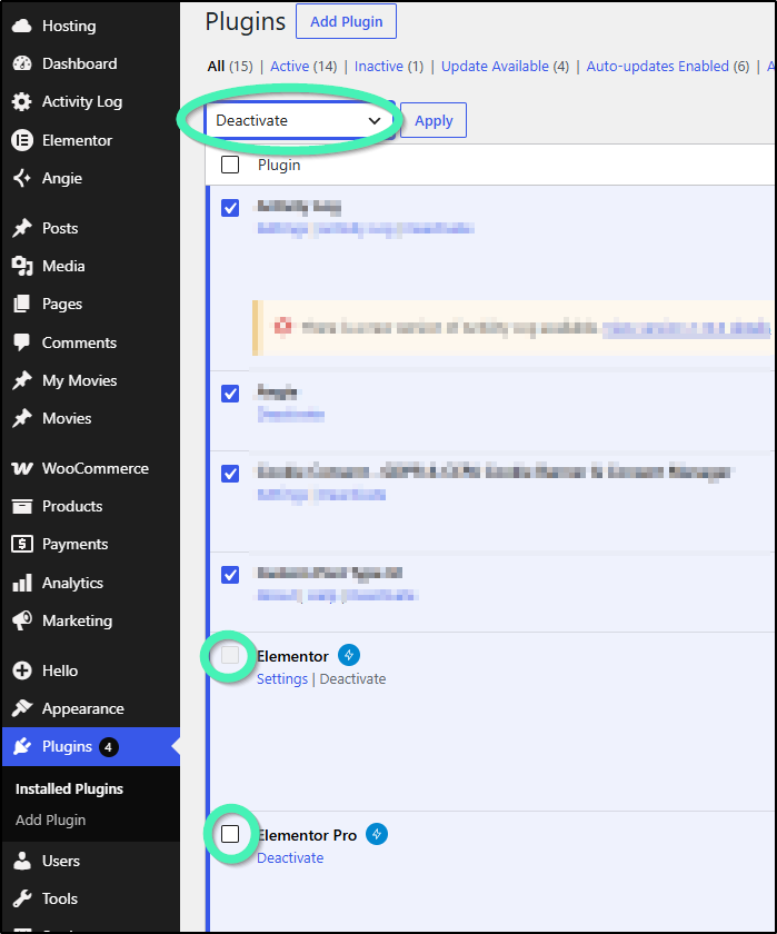 WordPress Installed Plugins Bulk Deactivation - WP Admin installed plugins page with bulk actions menu set to deactivate non-Elementor plugins