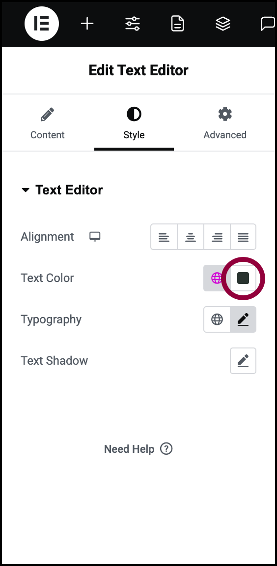 click the color swatch Change font size, color, family & style in Elementor website builder 23