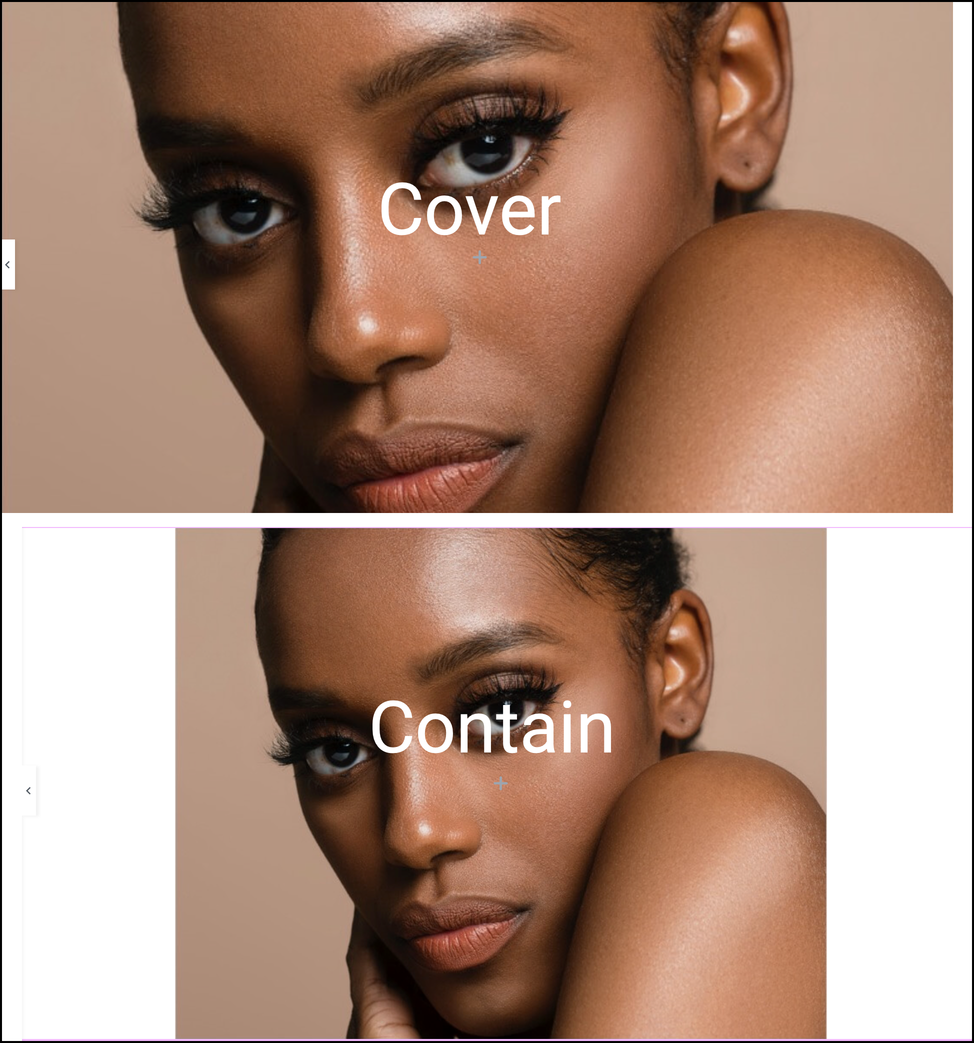 A comparison in the Elementor editor showing the visual difference between the Cover and Contain Display Size settings