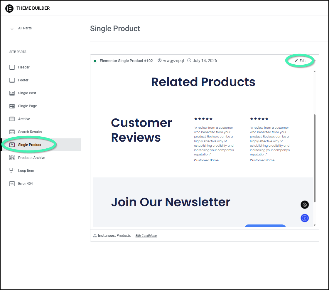 Elementor Theme Builder Template Editor - WP Admin Templates Theme Builder selection grid showing WooCommerce shop archive template