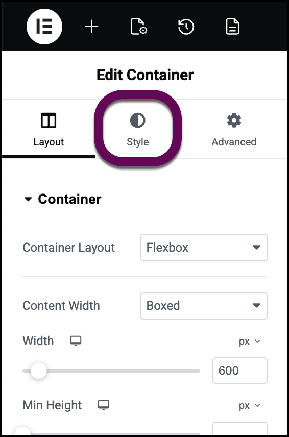 The container's style tab