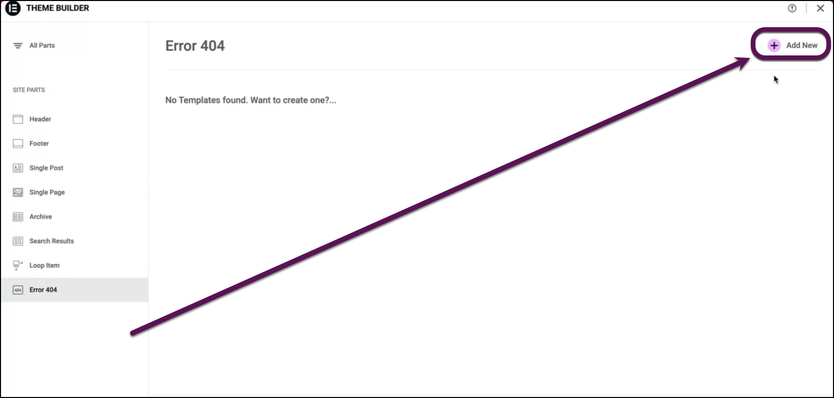 Click the highlighted Add New button to add a new 404 page design