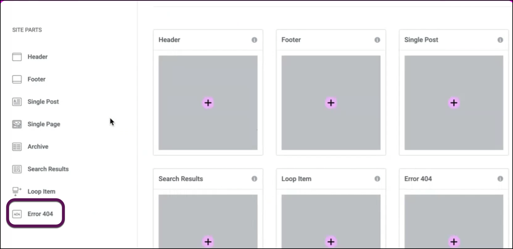 The highlighted 404 error button displays the 404 pages