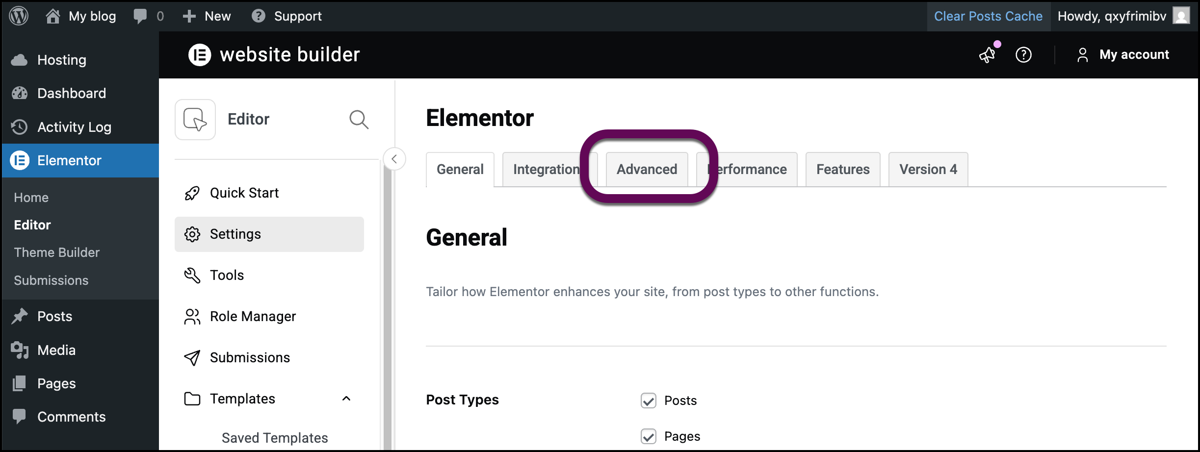 The Settings Advanced tab.