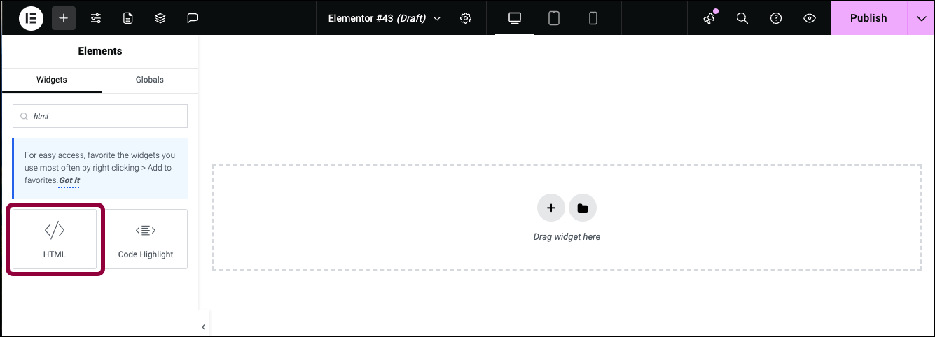 Drag the HTML widget Add a Google calendar to an Elementor site 1