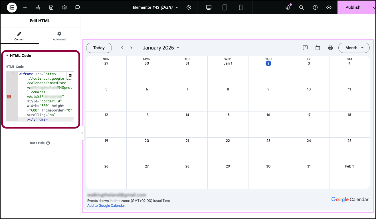 Enter the embed code Add a Google calendar to an Elementor site 3